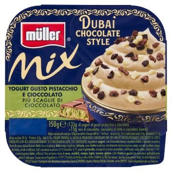 Müller Mix Dubai Chocolate Style Yogurt Gusto Pistacchio e Cioccolato Più Scaglie di Cioccolato